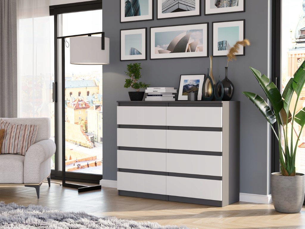 Nowoczesna KOMODA 120CM SZAFKA 8 SZUFLAD PL R-120-S8 ANTRACYT MIX