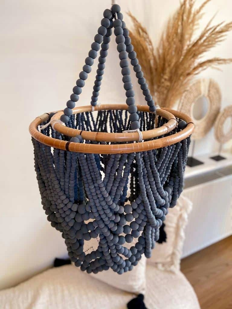 Żyrandol Boho z Koralików do Sypialni Salonu Naturalny Grafit L 43x80