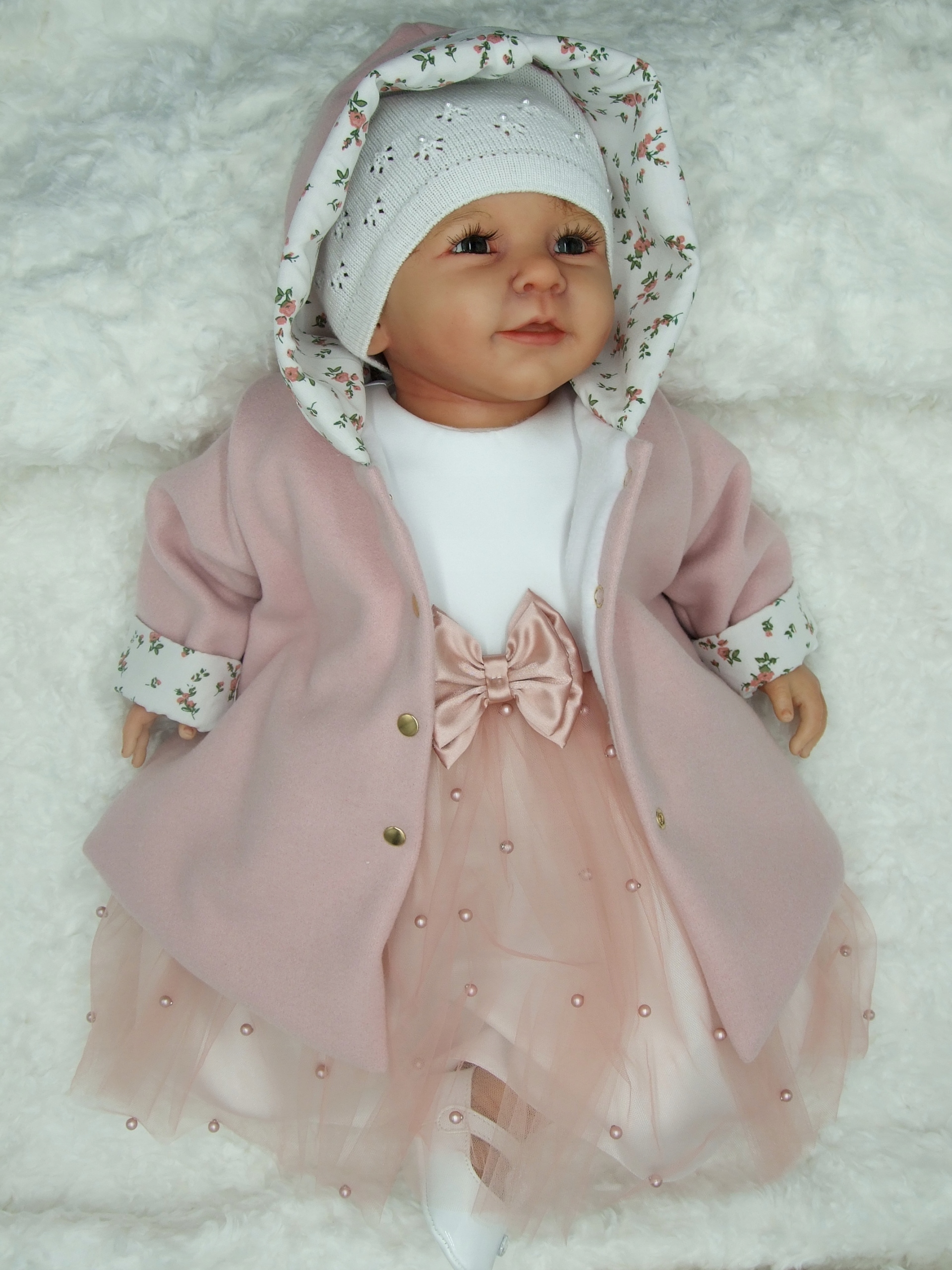 Wiosenny KOMPLET do chrztu 3cz dla dziewczynki 68r Długość sukienki 41 cm