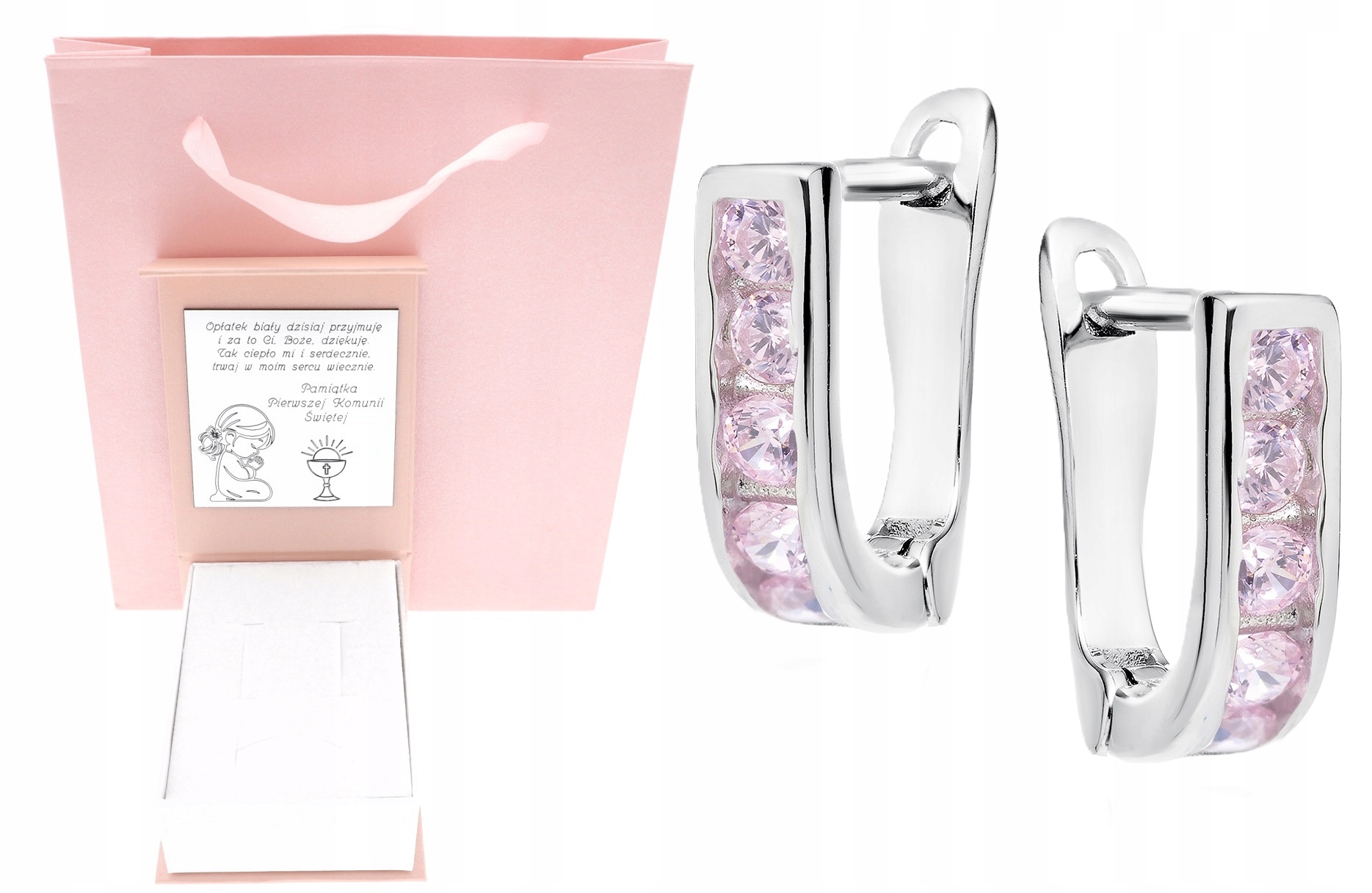 Stříbrné náušnice anglické růžové zirkony Svaté Přijímání Křest Roček Gravírování