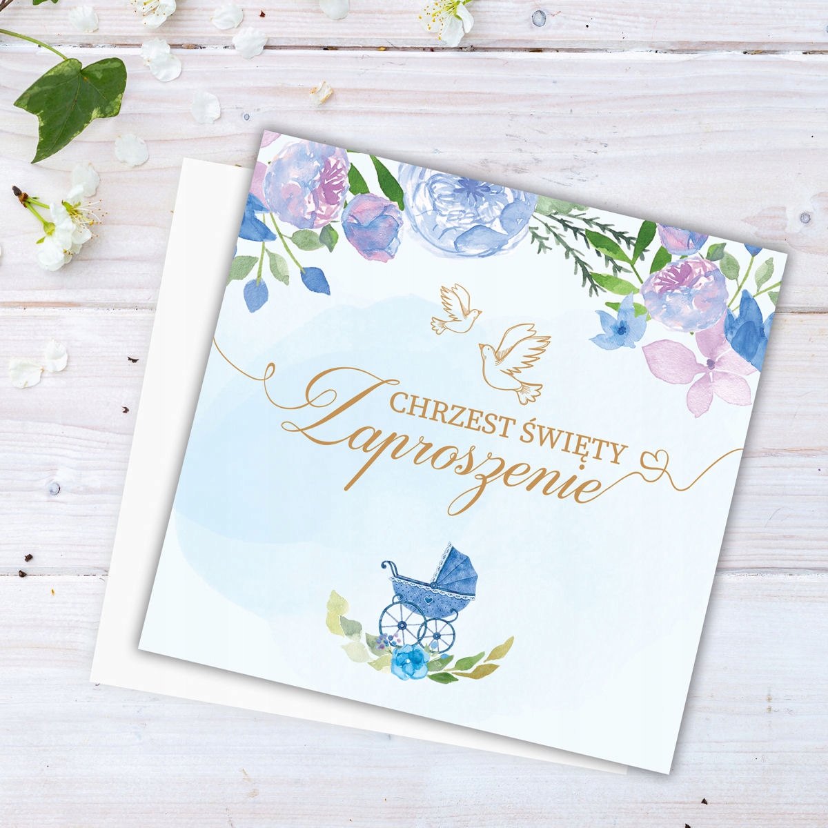 Zaproszenie Chrzest Święty Wózek Niebieski Koperta Rodzaj chrzest
