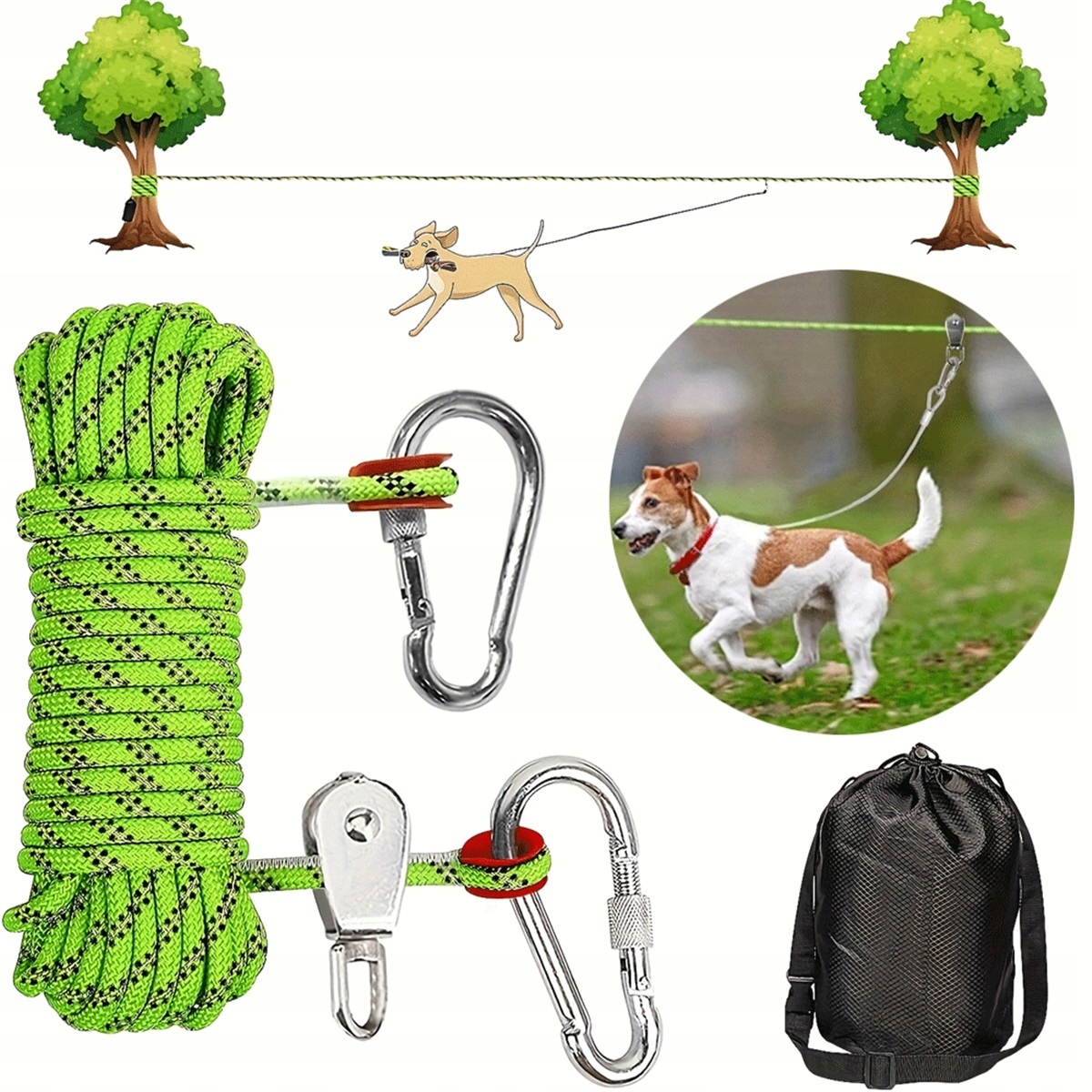Levně 15.1 M Zelené Kempingové Lano Pro Psy S 3.1 M Běžeckým Kabelem