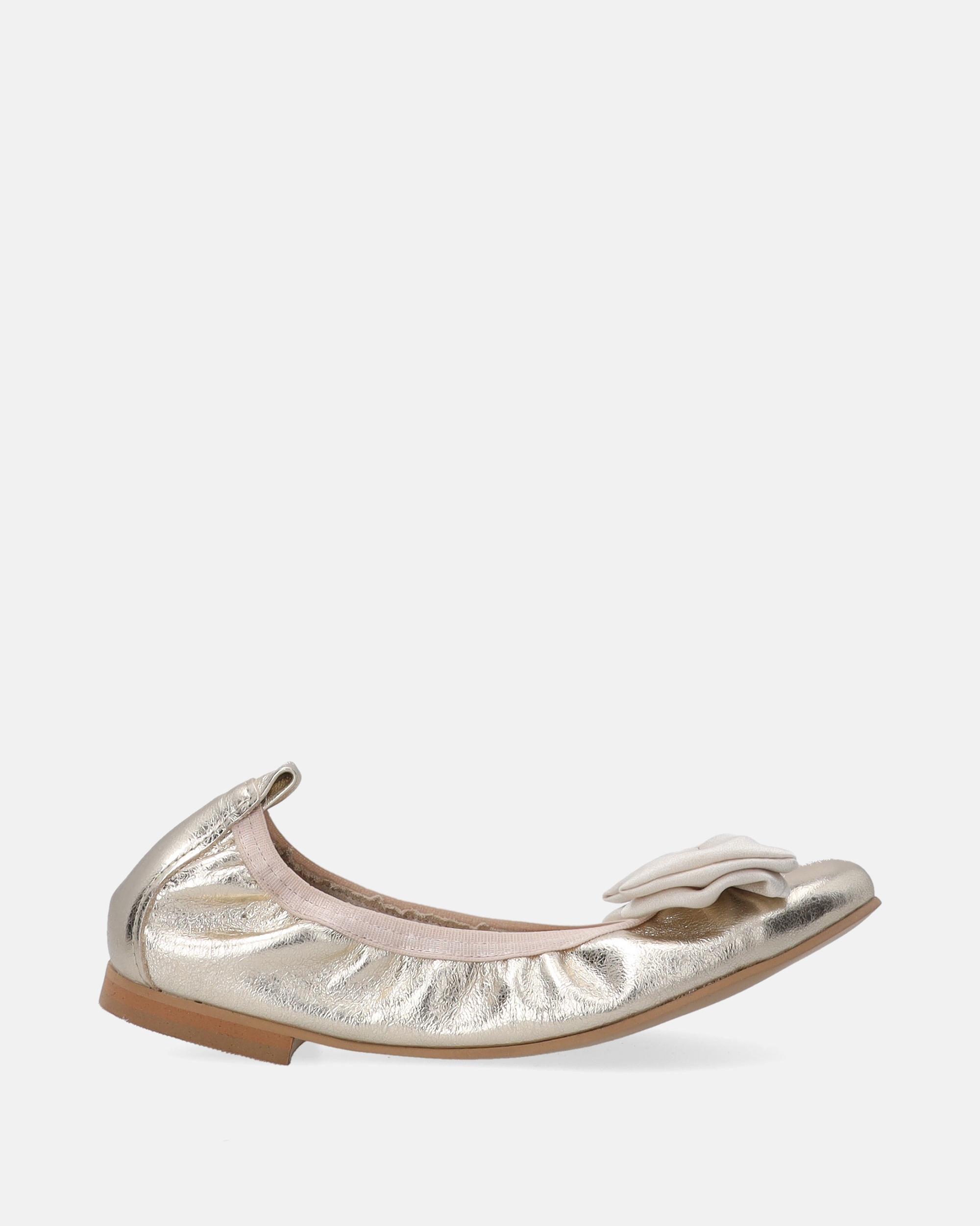 Venezia Złote skórzane baleriny z dużą materiałową kokardą rozmiar 38