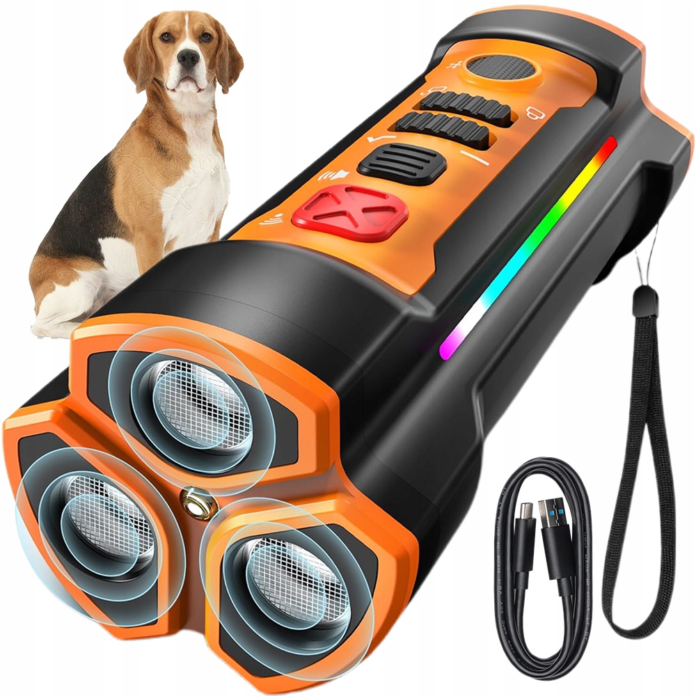 Odpuzovač Psů 3V1 Ultrazvuk, Svítilna, Nabíjecí Usb, Oranžový