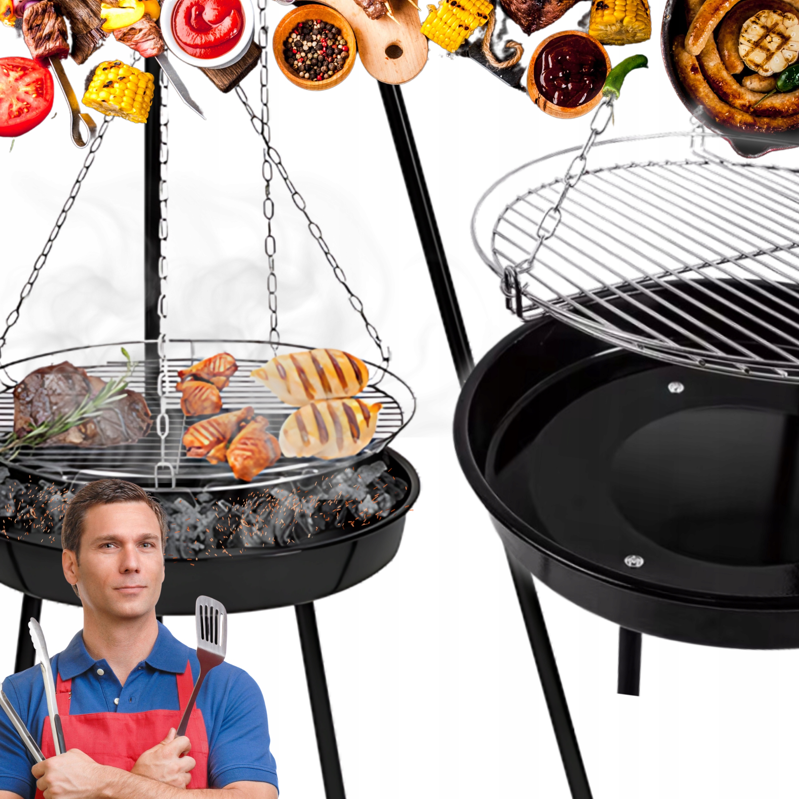 Grill Trójnóg Palenisko ogrodowe Grill wiszący duży regulowany węglowy 2w1