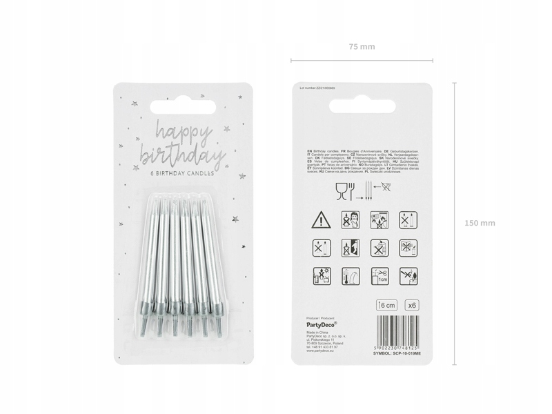 Świeczki na tort urodzinowe srebrne 6 sztuk