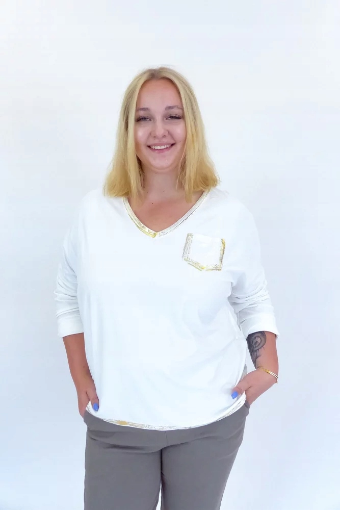 Bílá halenka s flitrovou kapsou a zlatými oděrkami Uni