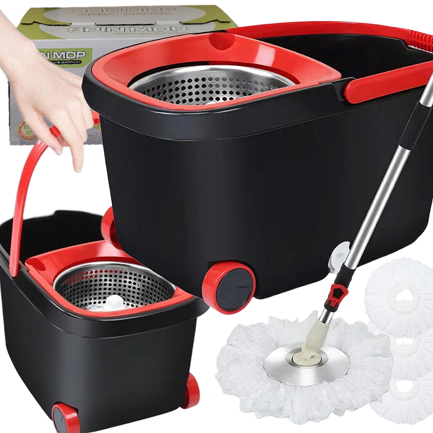 Levně Sada Turbo Plochý Rotační Mop Kbelík Se Ždímačem A 3 Nástavci Náplní