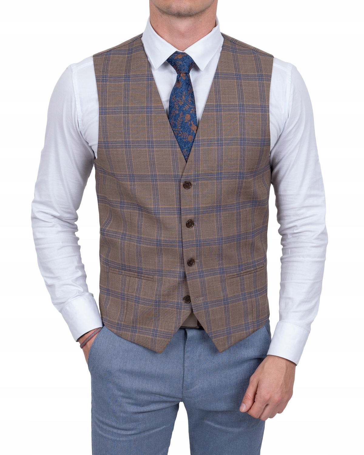 Brązowa kamizelka w kratę meska garniturowa - 56 Rozmiar 56