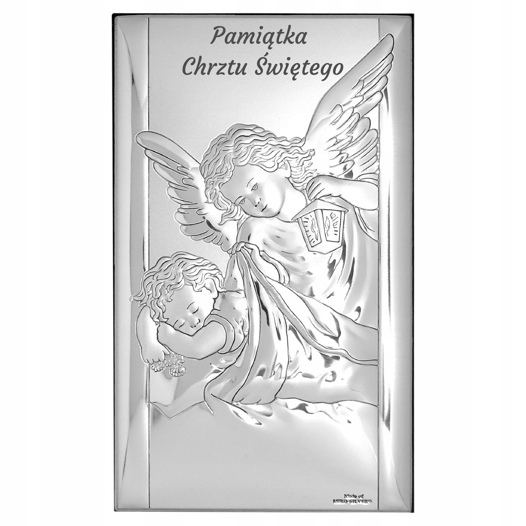 Srebrny obrazek na chrzest anioł stróż z latarenką klasyczny 9x15 cm