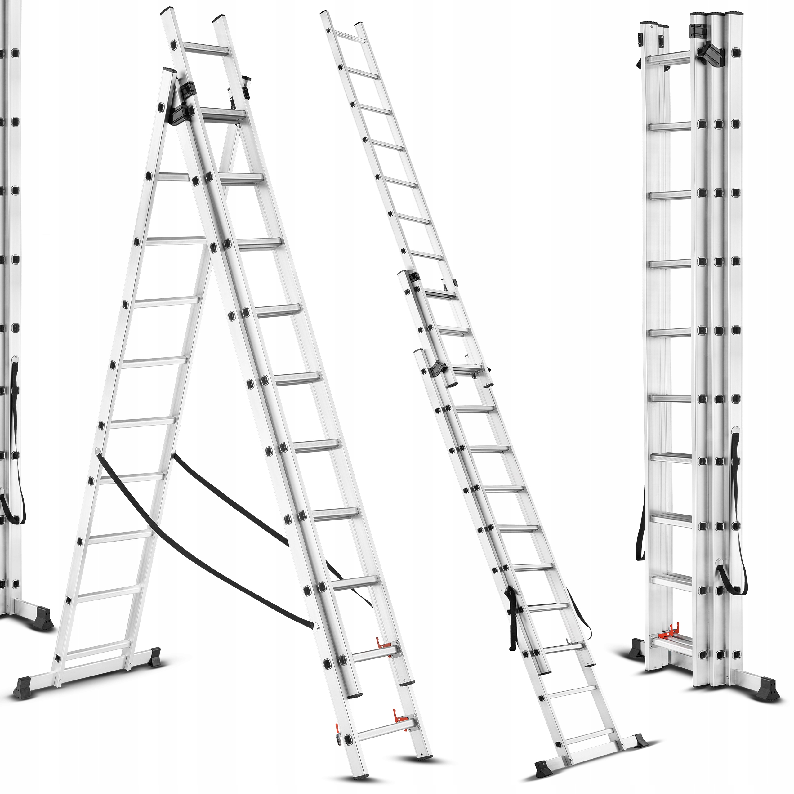 Hliníkový rebrík 3x10 stupňov, multifunkčný, univerzálny, 150 kg, 7,48 m, Silný