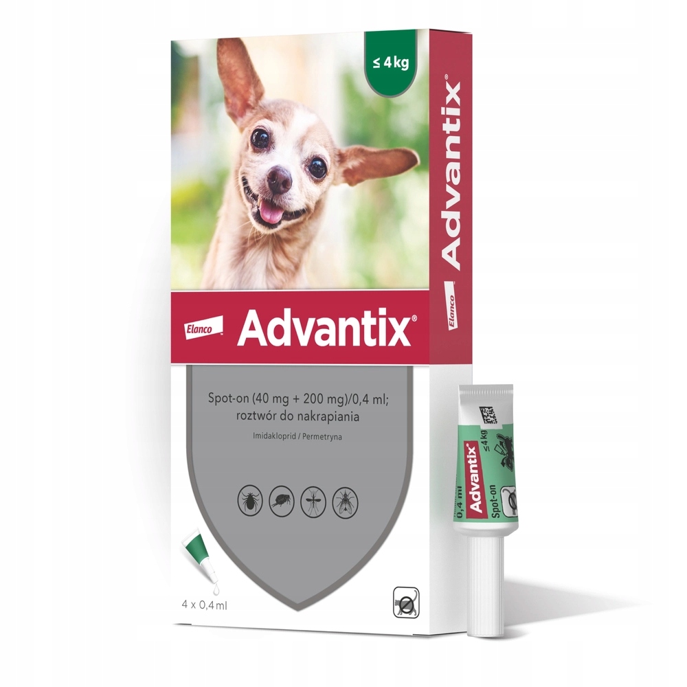 Krople Advantix Elanco pchły do 4kg pipeta 0,4ml X4szt wcierka na kark