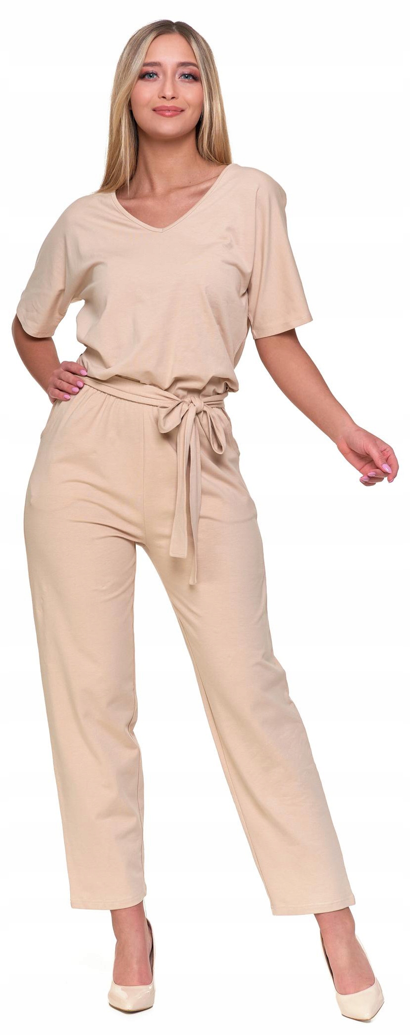 Długi elegancki KOMBINEZON damski modny z krótkim rękawem luźny MORAJ - M Model DŁUGIE SPODNIE KRÓTKIE RĘKAWY