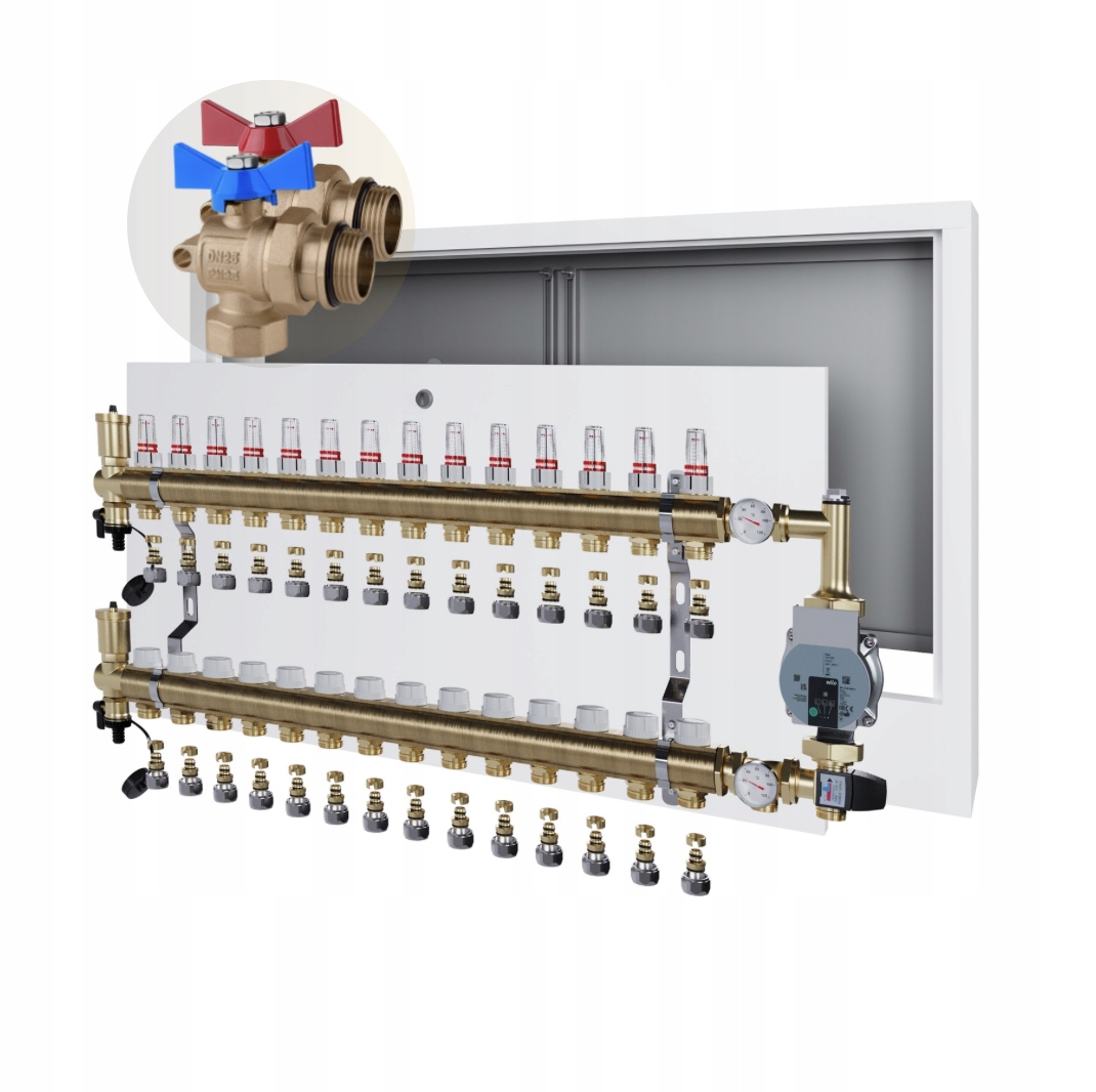 Rozdělovač podlahového vytápění 14 skříňka na omítku+WILO+PEX+VENTIL Kul Úhel