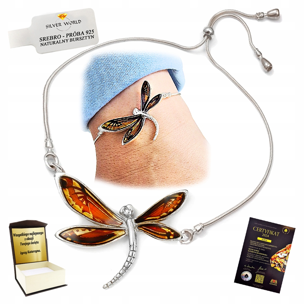 Stříbrný Náramek S Baltským Jantarem Vyřezávaná Vážka Gravírování
