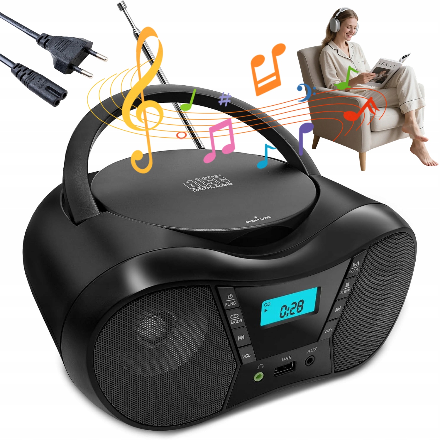 Radiopřehrávač CD Reproduktor Bluetooth Usb Pro Tablet AUX/3.5 MM Černý