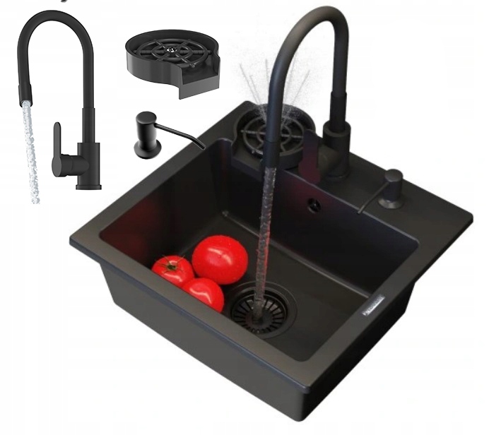 Granitový Drez Teor Čierny Batéria Dávkovač Umývačka Kuchynská Súprava