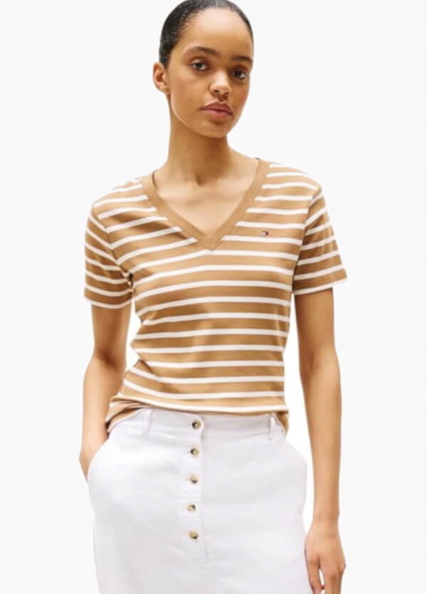 Tommy Hilfiger Tričko S/s Stripe barva hnědá Ecru Slim Fit vel. L