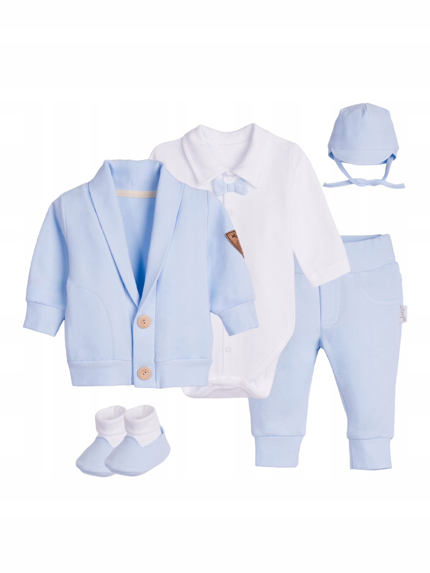 Zestaw body, czapka, butki dresowe, spodnie i bluza błękitny Nicol, r. 56