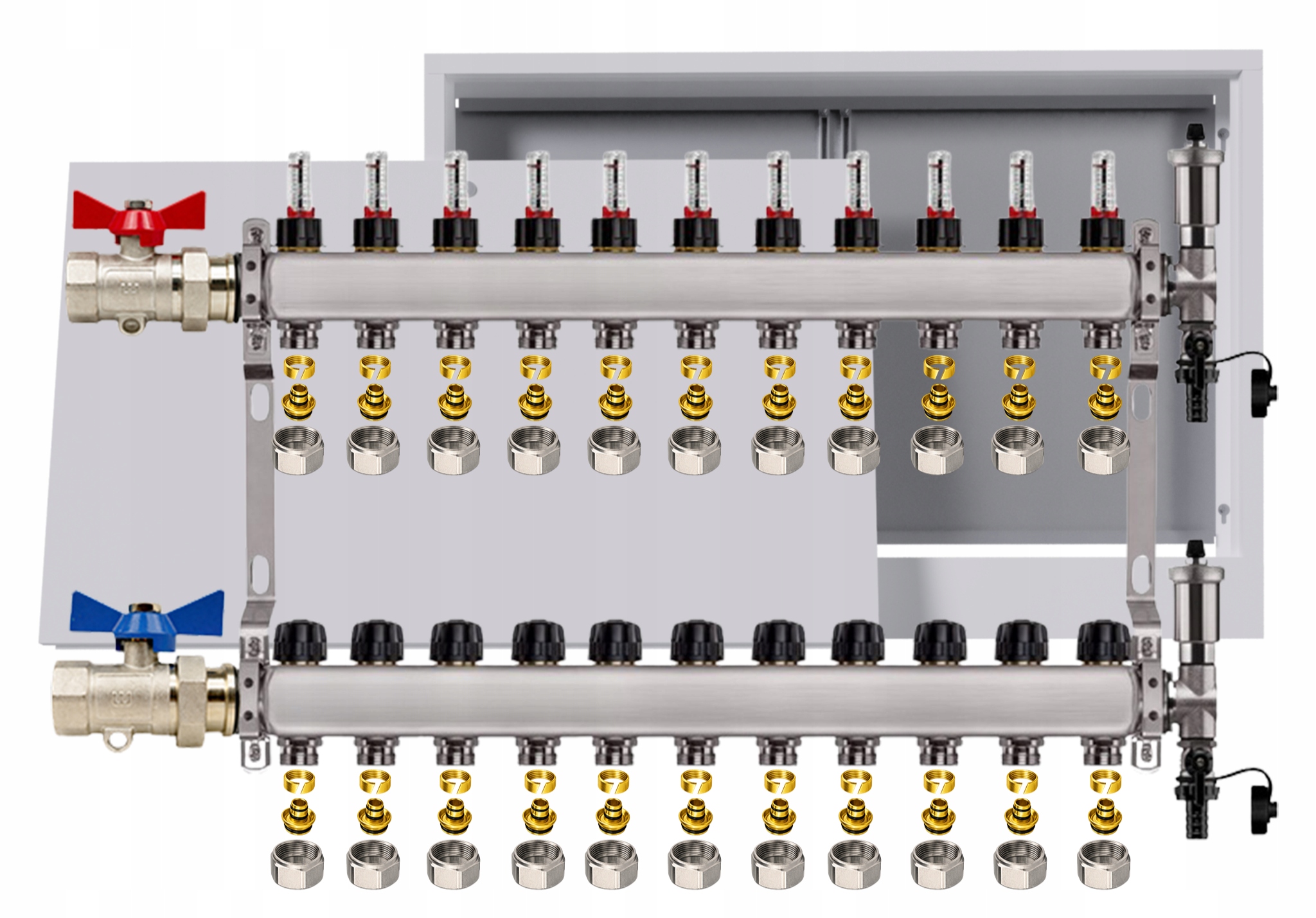 Nerezový rozdělovač pro podlahu 11 okruhů nástěnná skříňka Pex