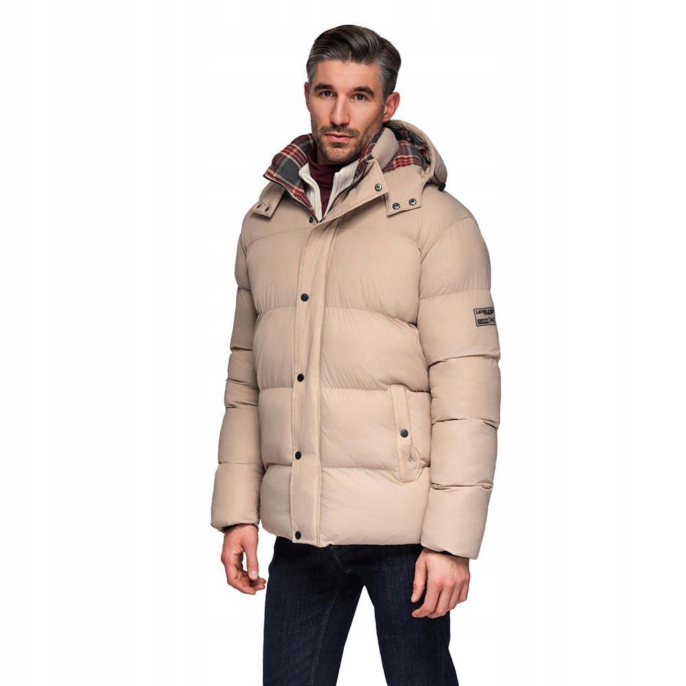 Pánská prošívaná bunda puffer s kostkovanou podšívkou béžová V2 OM-JAHP-0205 XXL