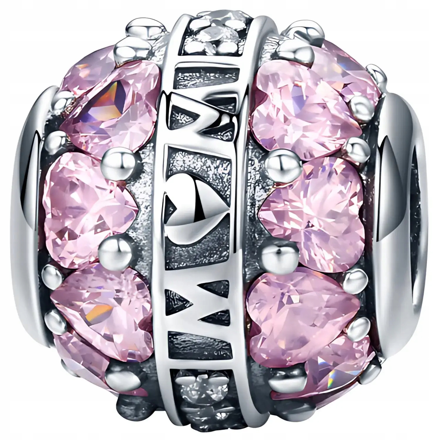 Charms Přívěsek Stříbro 925 Srdce Růžové Kameny Nápis Mom Mama Glamour