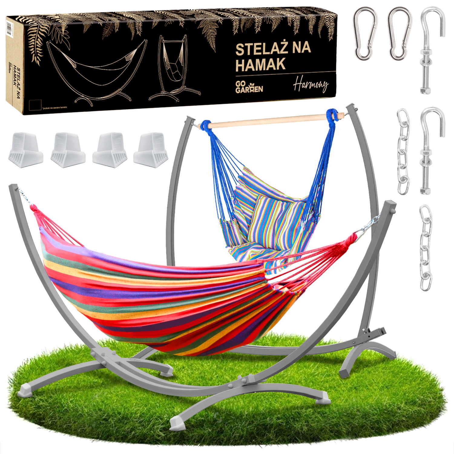 Hamak ze stelażem ogrodowy dwuosobowy stojak boho fotel wiszący bujak 2w1
