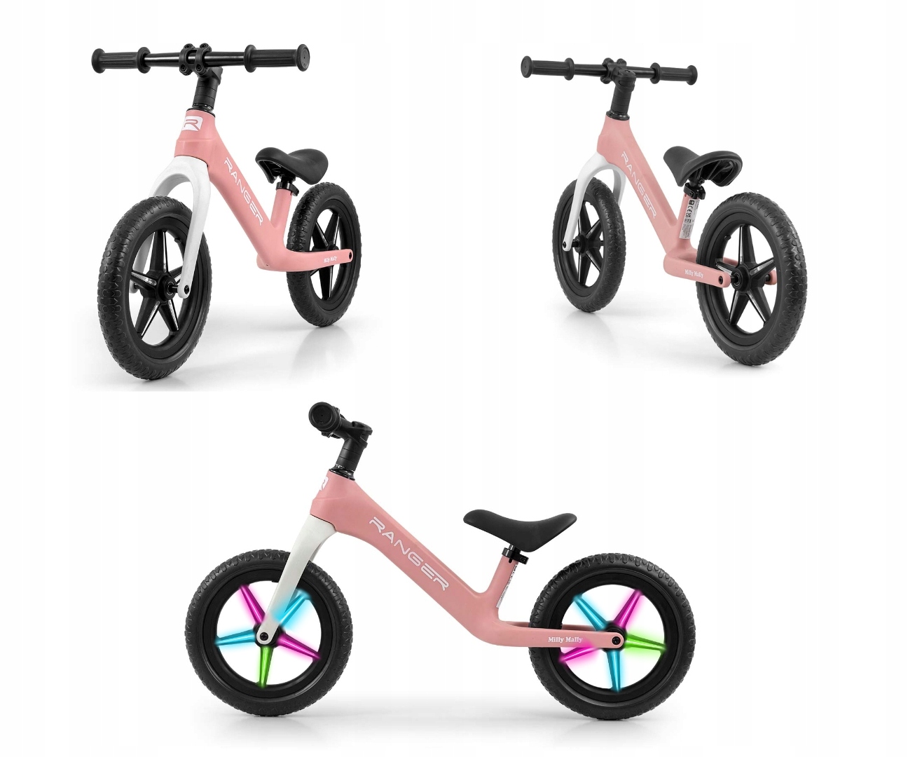 Rower Biegowy dla dziecka koła Eva 12" Ranger Flash różowy Milly Mally Led