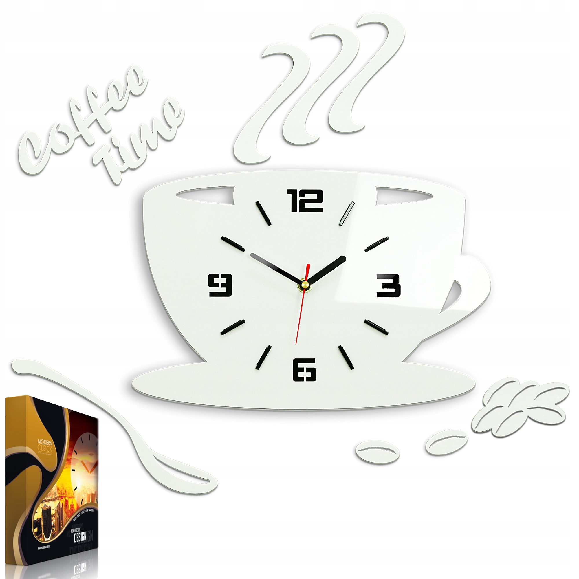 Nástěnné hodiny ve tvaru šálku Coffe Time 3D White Kulatý Křemenné