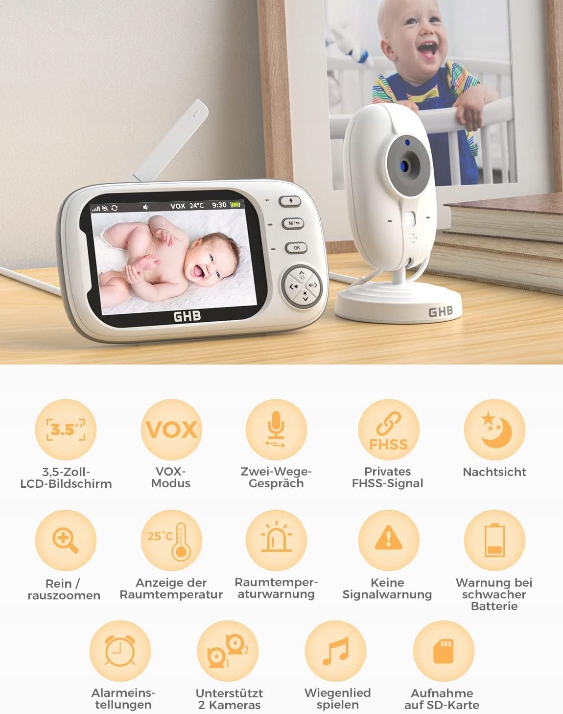 GHB Elektroniczna Niania Kamera 35 Calowy Monitor VOX Tryb Nocny Lullabies — miniatura 3