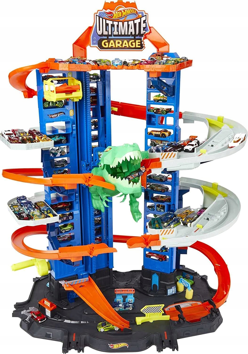 ZESTAW HOT WHEELS MEGA GARAŻ T-REXA ZAKRĘCONY PARKING 100 AUT 90CM 2 autka