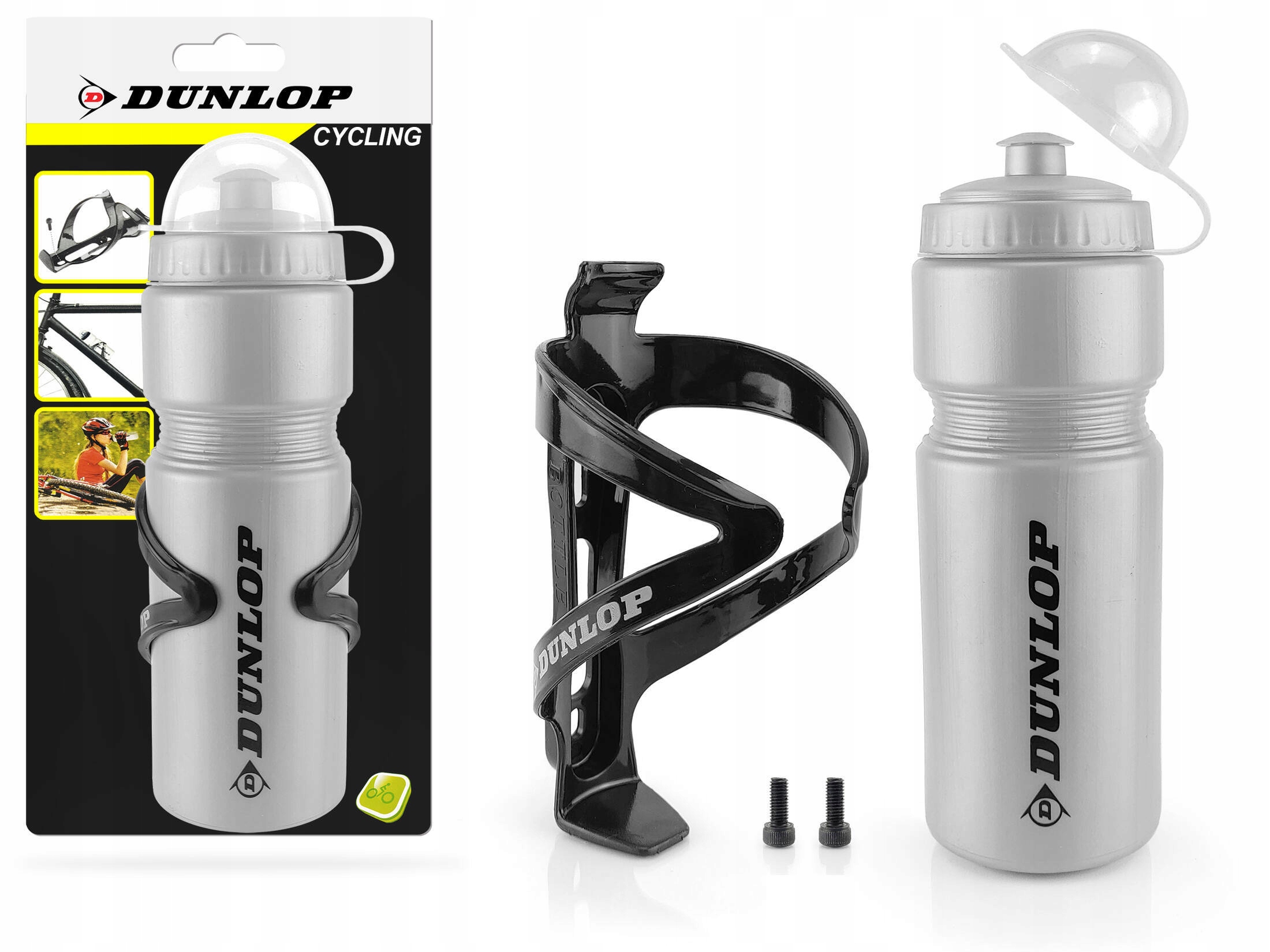Bidon rowerowy Dunlop 750 ml z klapką koszyczek i śrubki Srebrny