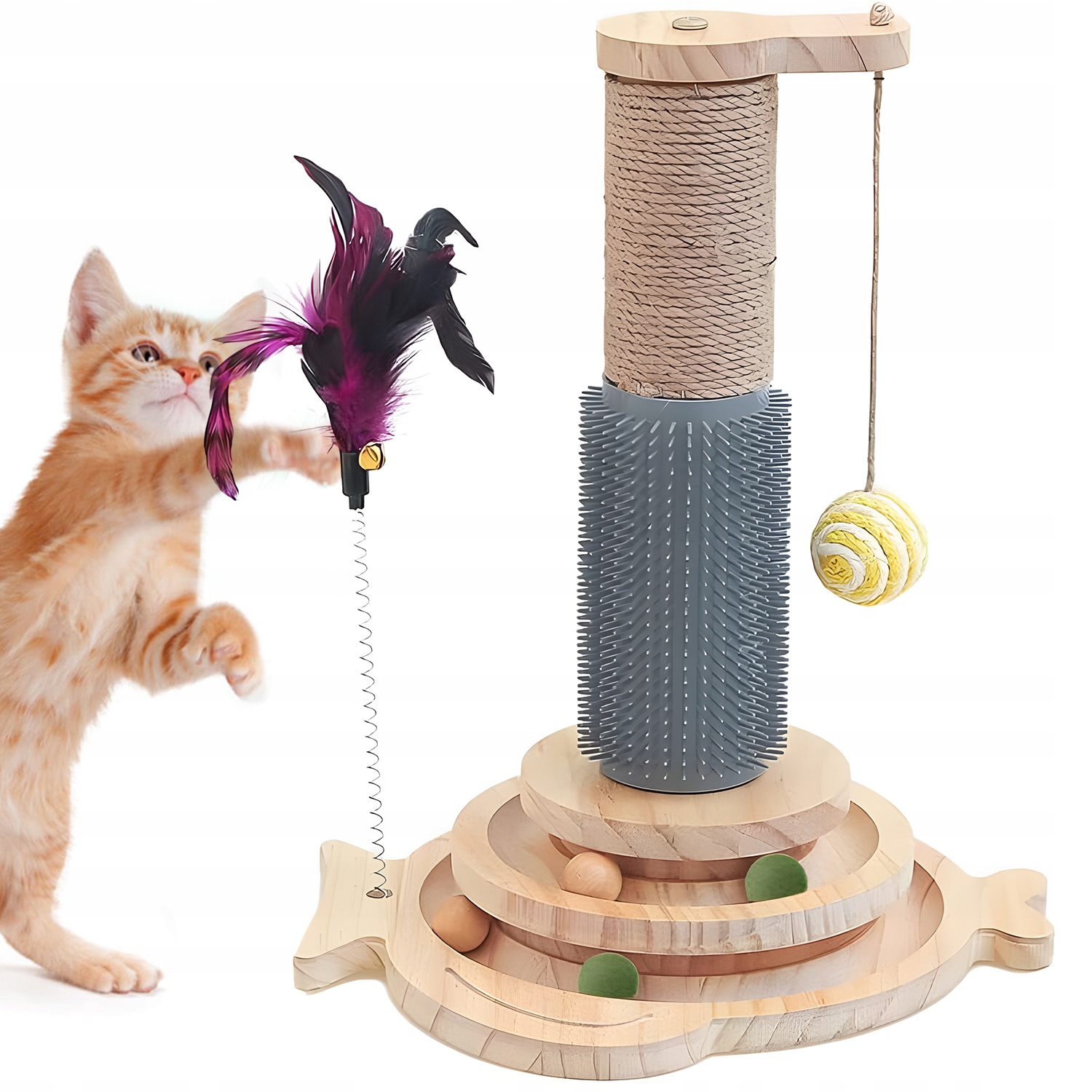 Levně Škrabadlo Hračka Pro Kočky Interaktivní S Míčky A Pírkem Masážní Sloupek