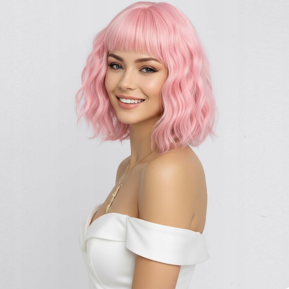 Syntetická paruka růžový bob s ofinou, vlnité vlasy