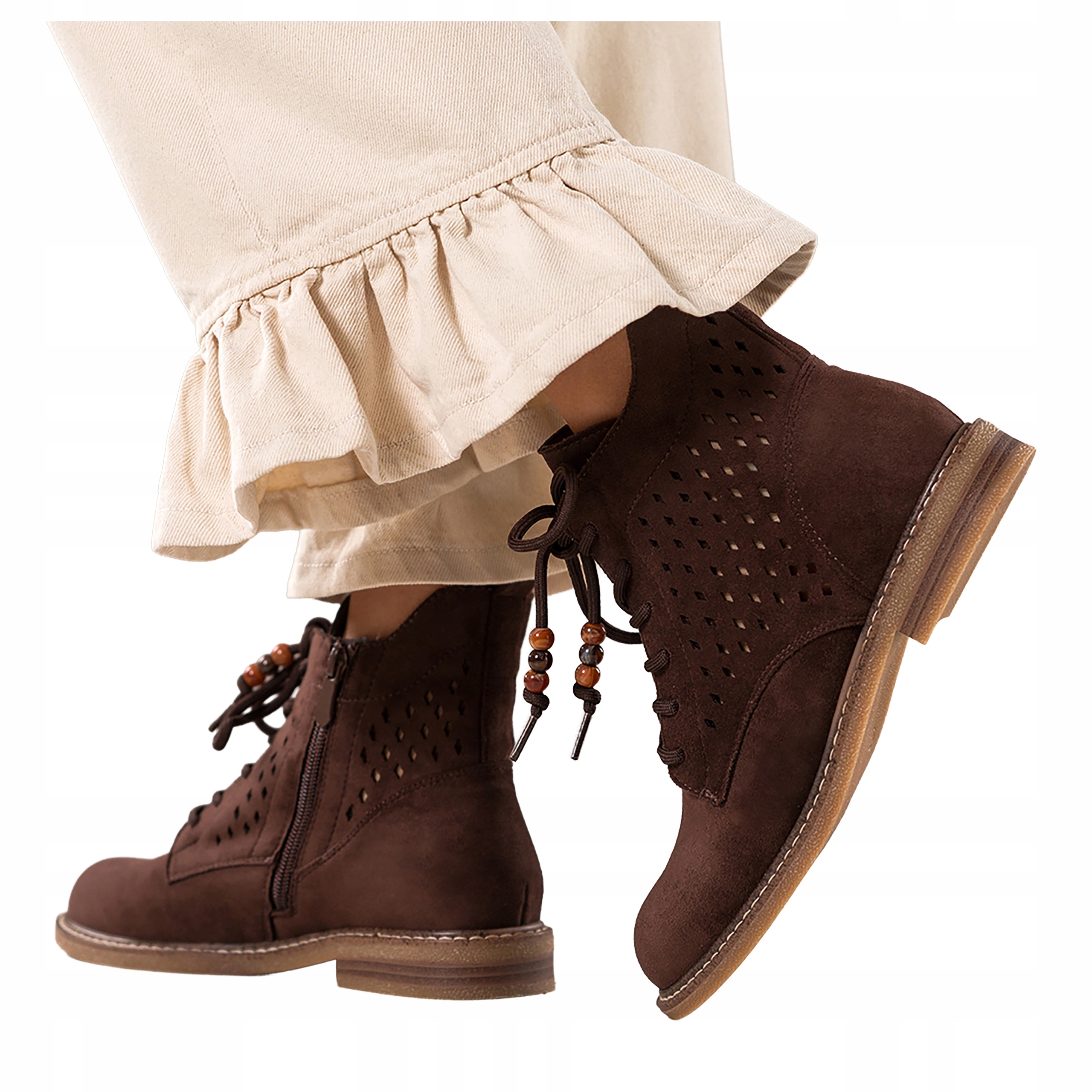 Čokoládové dámské kotníkové boty Ozdobné Korálky Ploché Šněrovací Ažurové vel. 38