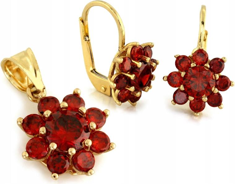 Zlatý komplet šperků 585, náušnice a přívěsek s červenými zirkony