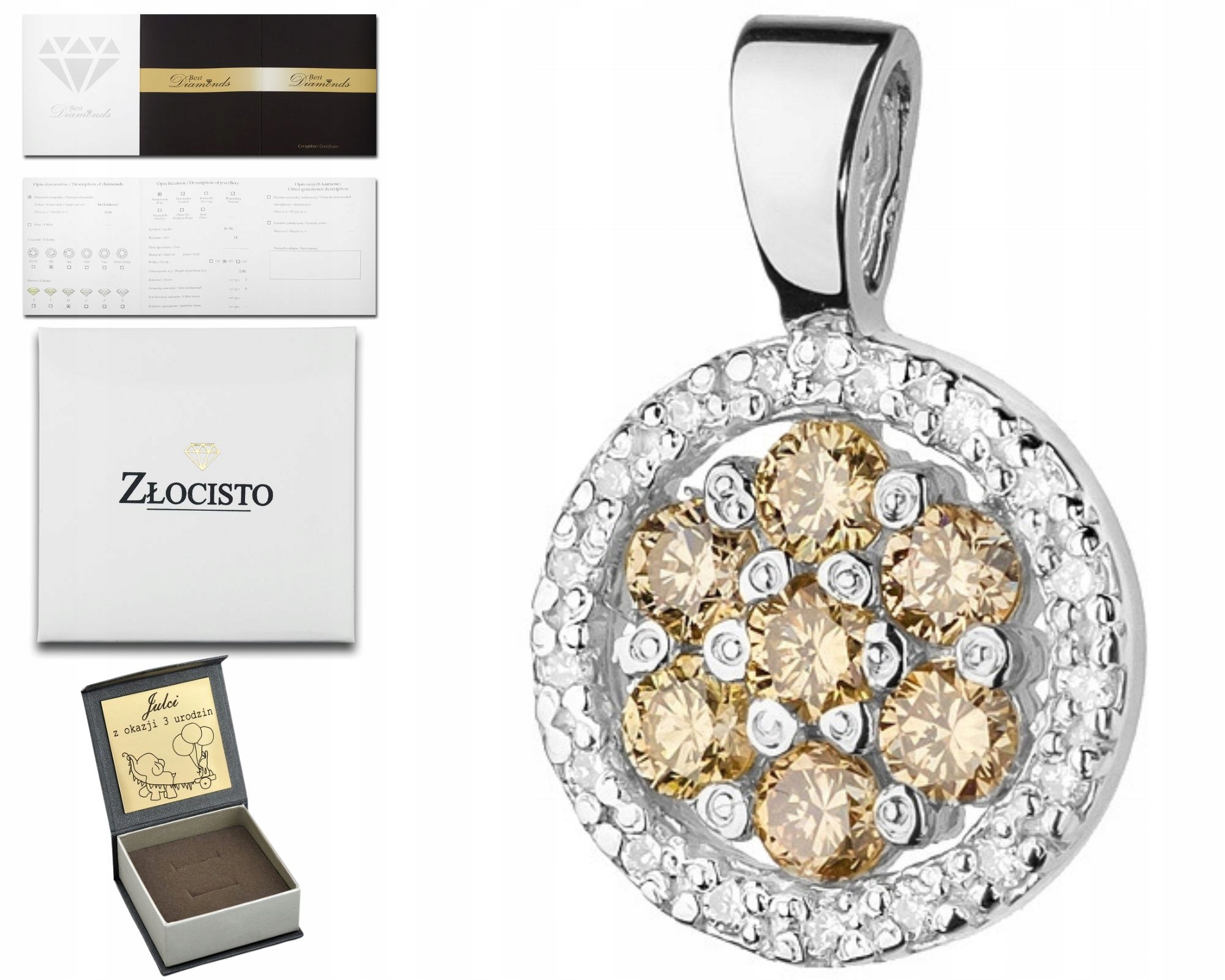 Zlatý Přívěsek S Bronzovými Brilianty, Bílé Zlato