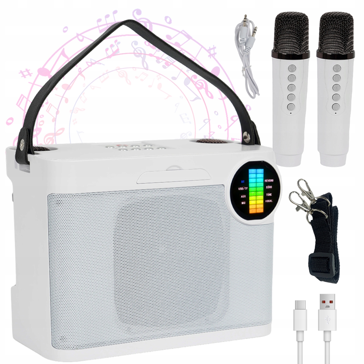Karaoke Reproduktor S 2 Bezdrátovými Mikrofony A Stojanem Na Telefon Pro Kempování