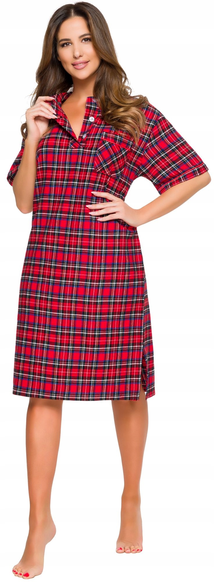 FLANELOWA BAWEŁNIANA DAMSKA KOSZULA NOCNA S Dekolt szpic