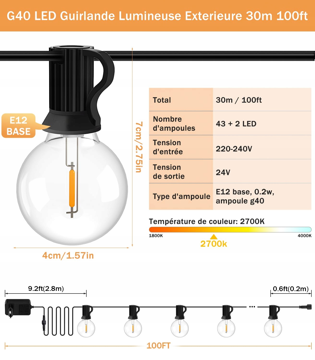 Łańcuch Świetlny Girlanda LED Zewnętrzna 30M 45 G40 Żarówki Ogród Balkon — miniatura 2
