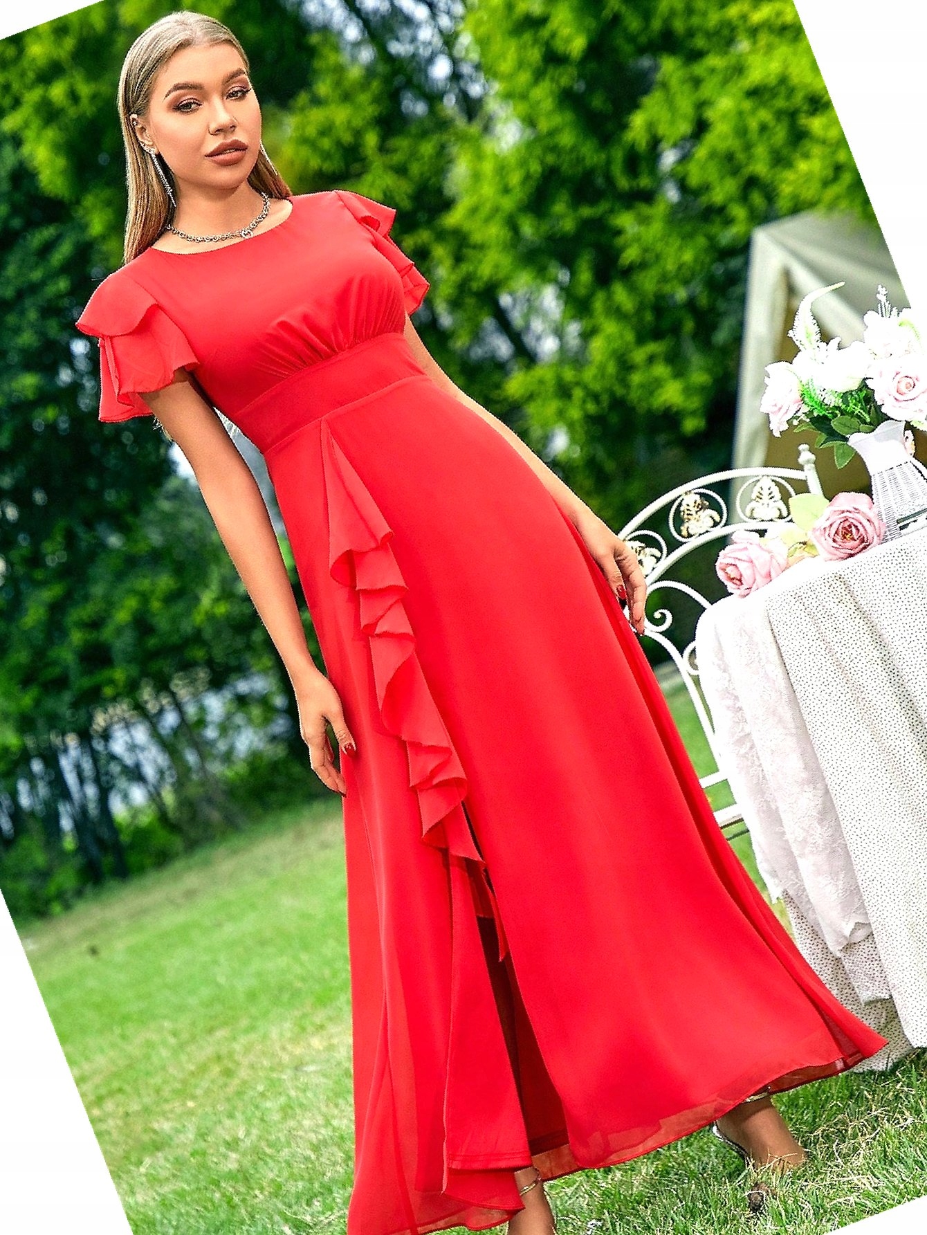 Šaty Elegantní s rozparkem Červená Šifonová Maksi M 38