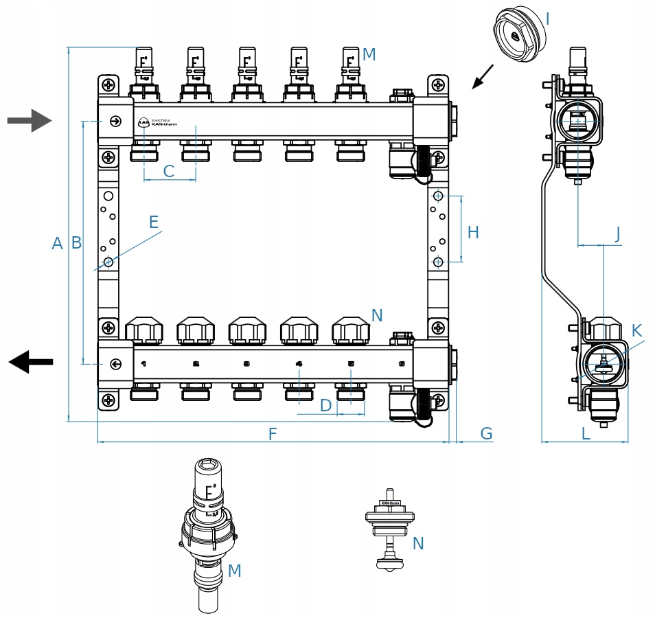 Rozdzielacz KAN InoxFlow - 9 obwodów seria UFST - 1316157084 Szerokość produktu 54 cm