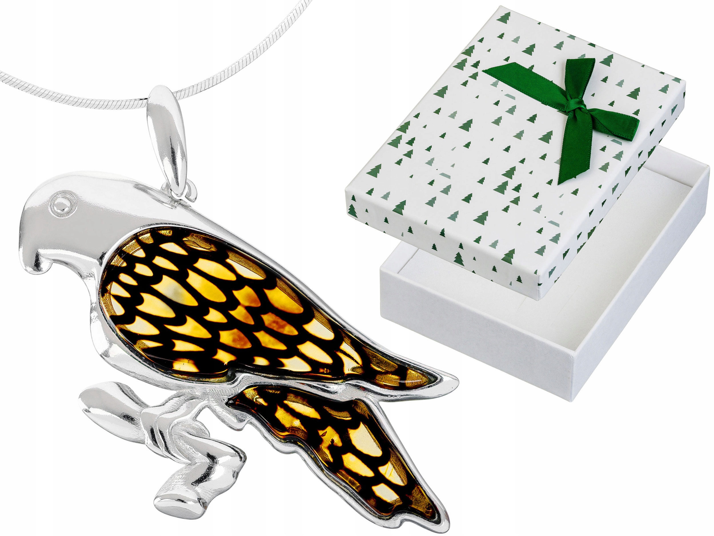 Velký Stříbrný Dámský Náhrdelník Pták s Jantarem Papoušek Choker Krátký 30 cm