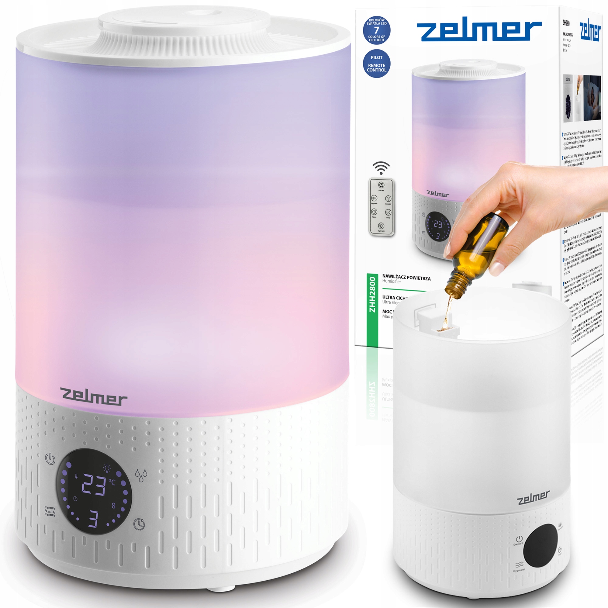 Nawilżacz Powietrza Ultradźwiękowy Zelmer Aromaterapia 7 Led Cichy Pilot