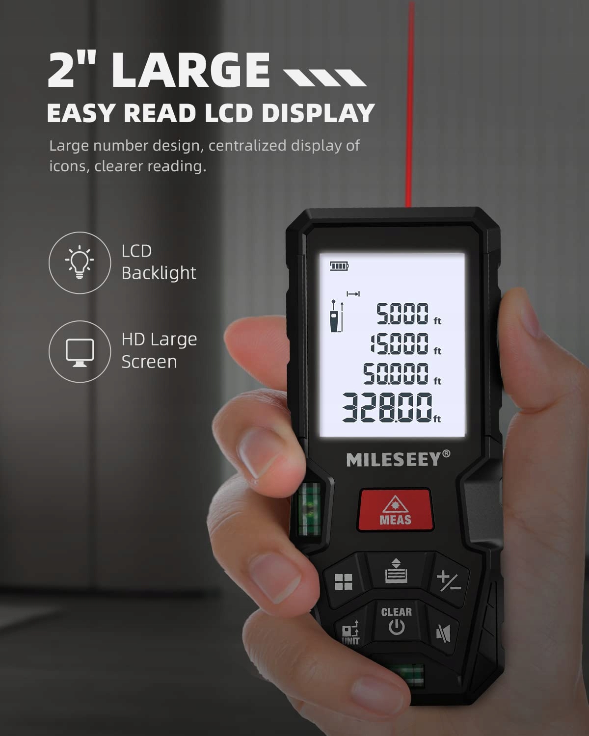 MILESEEY Dalmierz Laserowy 100m LCD IP54 Dokładność 2mm Pomiar Powierzchni — miniatura 5