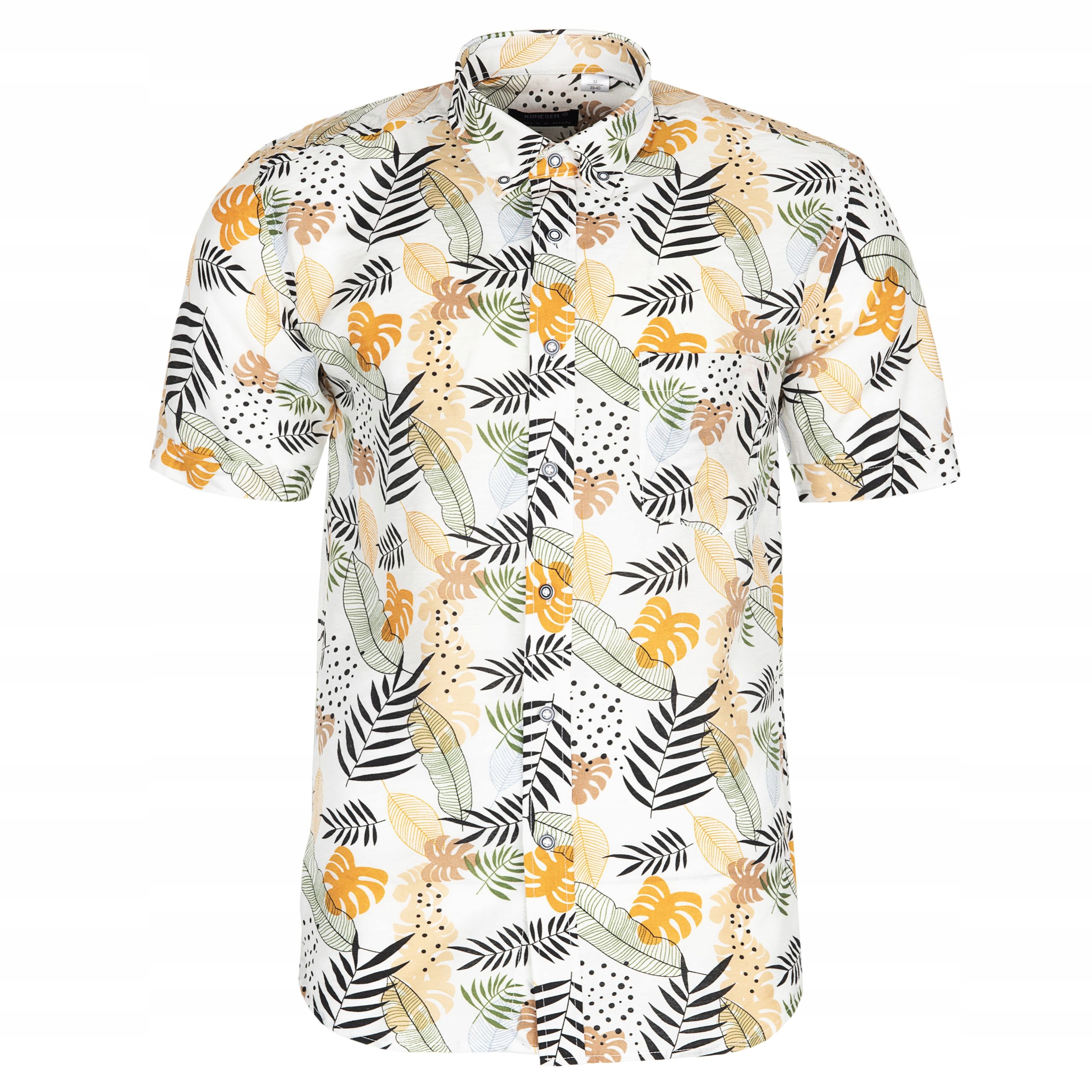 HAWAJSKA KOSZULA MĘSKA BIAŁA W ŻÓŁTE LIŚCIE KWIATY ROZ.L 41/42