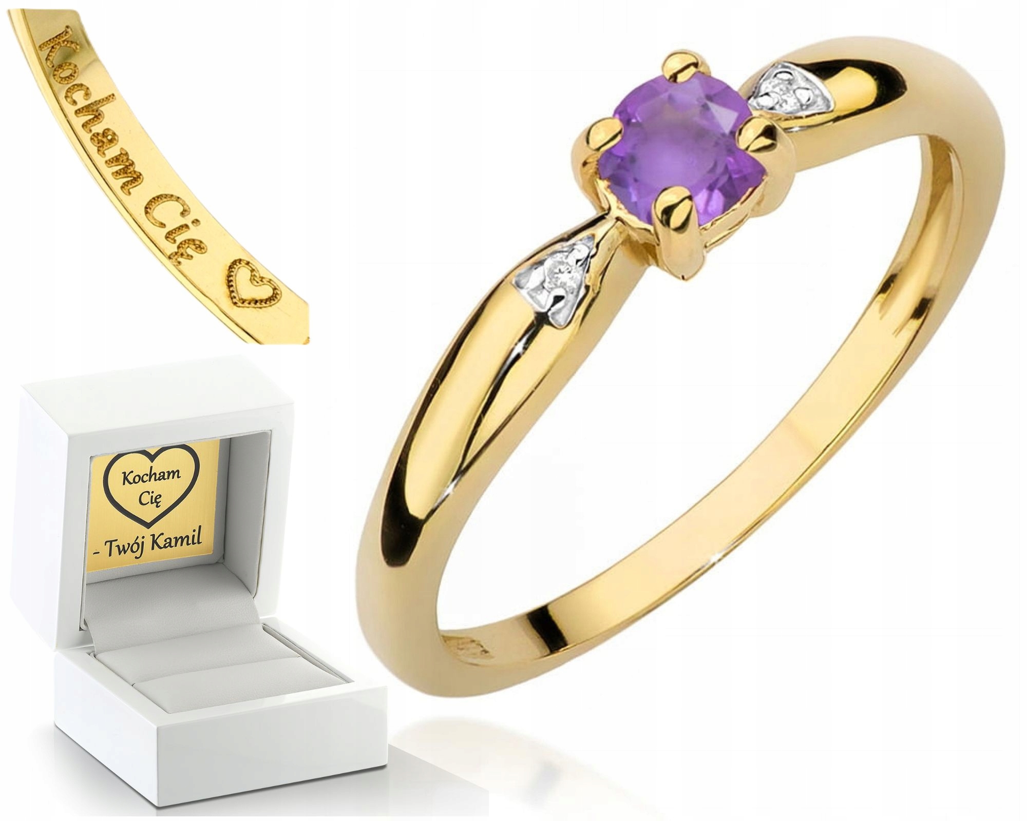 Zlatý Prstýnek Prsten S Ametystem, Žlutým Zlatem Gravírování , Dárek 585