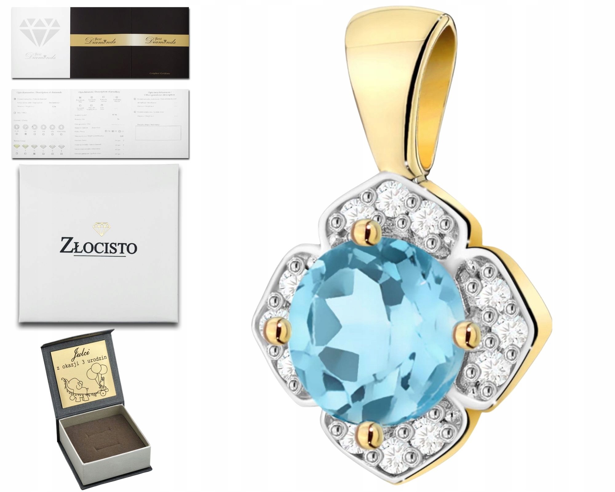 Zlatý Elegantní Přívěsek S Tyrkysovým Topazem A Diamanty 585