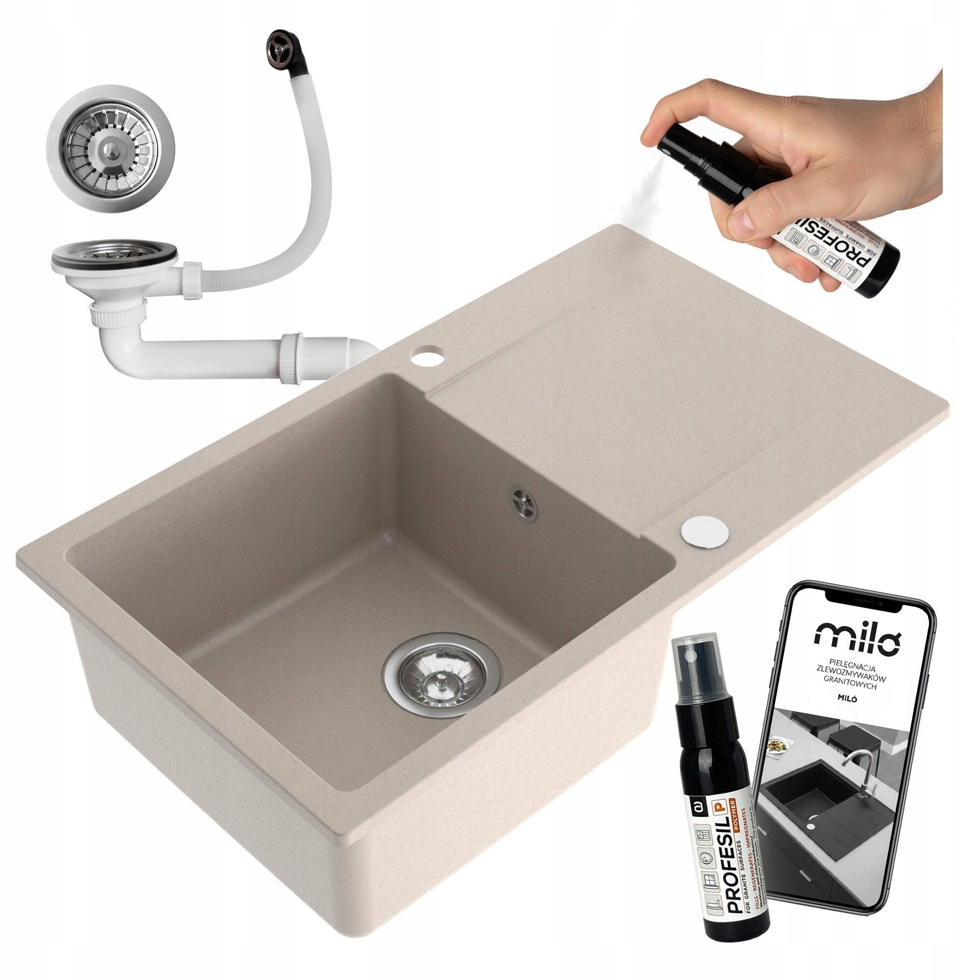 Granitový Kuchynský Drez Jednokomorový Miló Castello Sifón