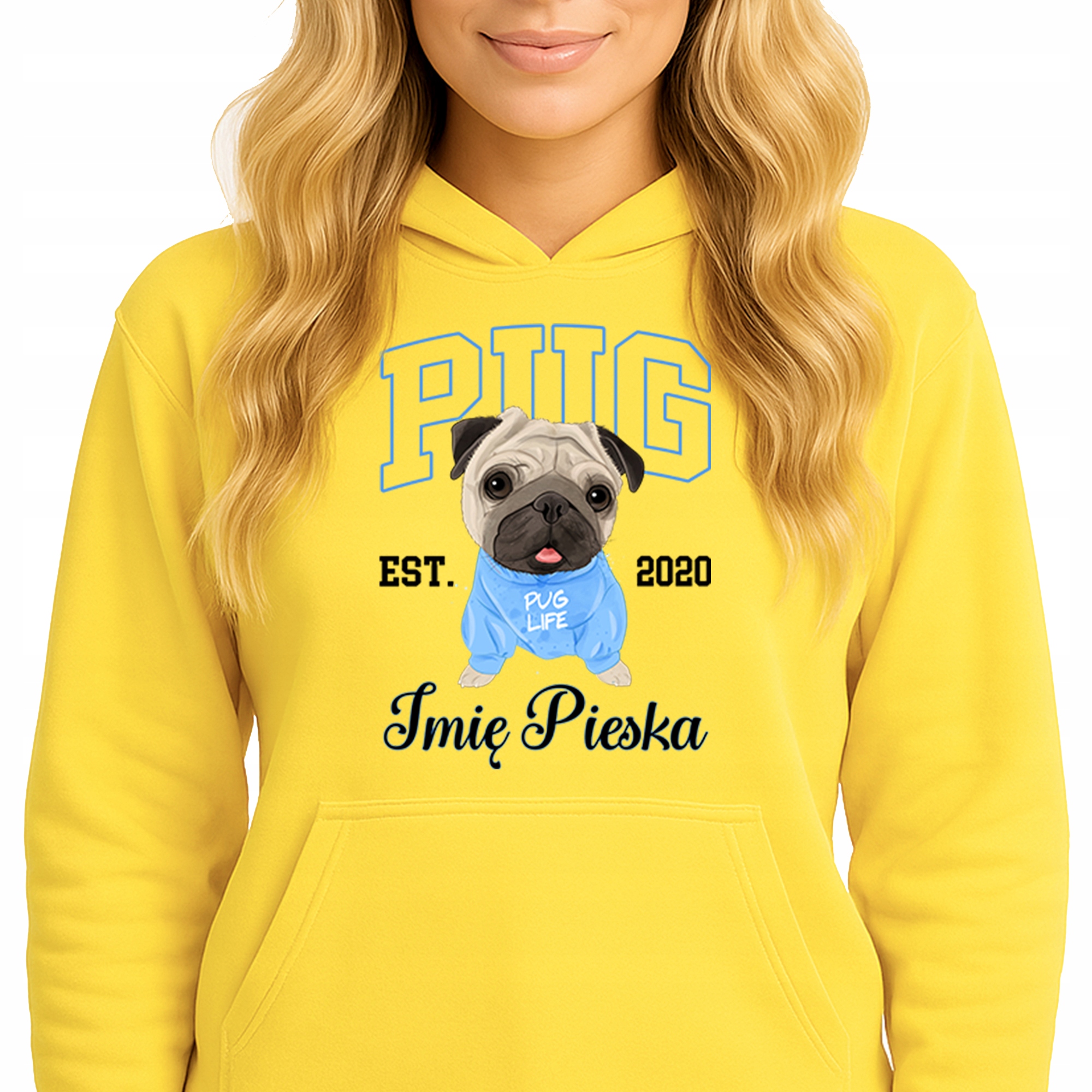 Mikina S Kapucí Žlutá bavlněná mikina Módní Youth Pug Jméno psa Vel S